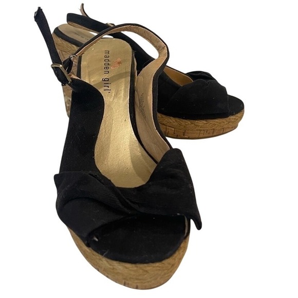 Madden Girl Shoes - Madden Girl Elivia Black Cork Wedge Peep Toe Sandal Bow Slingback Women's Size 8